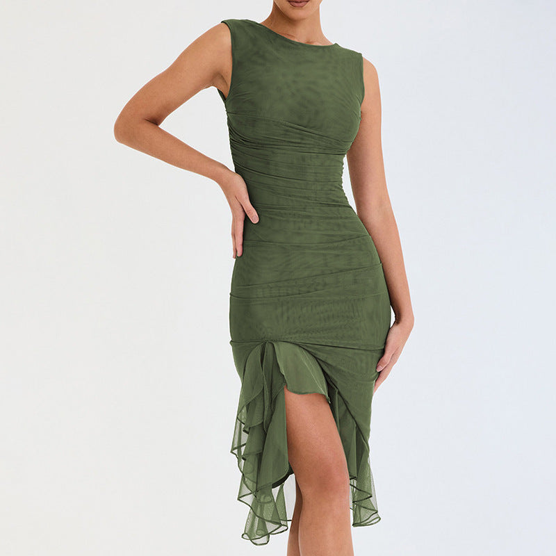 Women Blister Crepe Two Layer Dress Fashion Sleeveless Basics Long Dresses for Female Elegent Lady Sexy Holiday Dresses