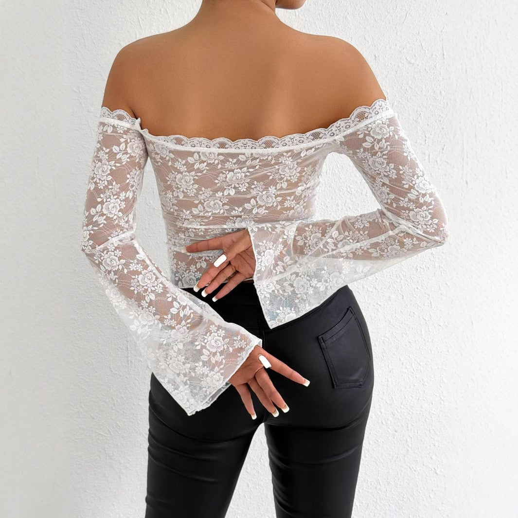 Women's Sexy Shoulderless Lace Low Neck Dress Nightclub Street Style White Fashionable Slim Fit Trumpet Sleeve Top Summer