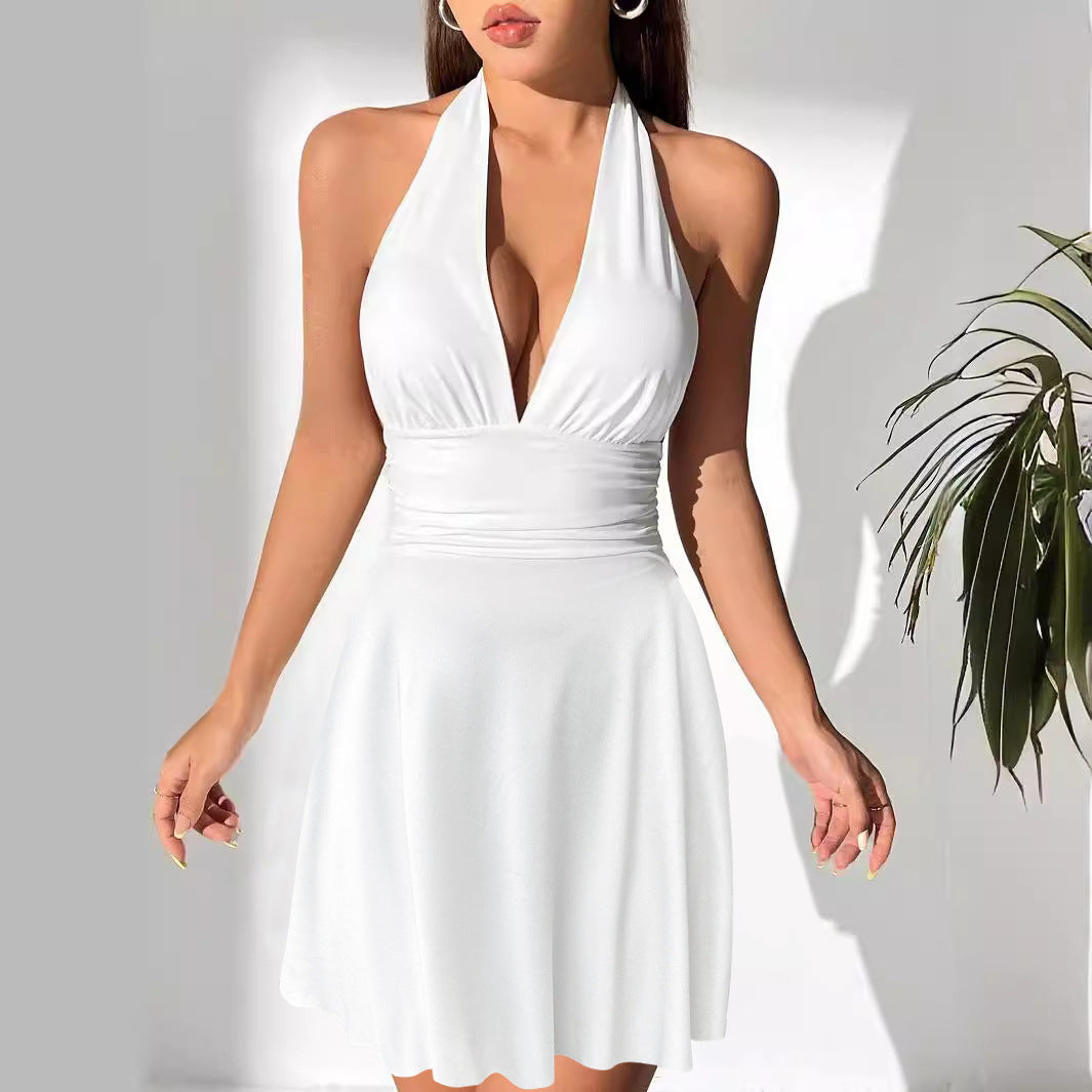 Women's Deep V-Neck Low-Cut Belly-Shading Thin Hanging Neck Short Dress Sexy Backless Dress with Bottoms