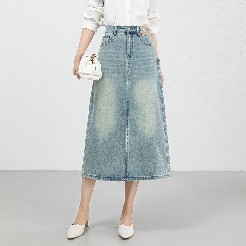 Retro High Waist Slim Straight Denim Skirt Mid-Length Slit Cotton Jeans Skirts