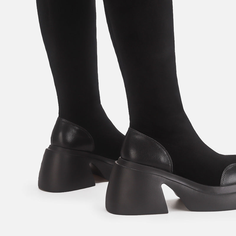 Fashion Knee High Boots Women Chunky Heels Punk Long Boots Patchwork Ladies Shoes Thick Bottom Platform Botas