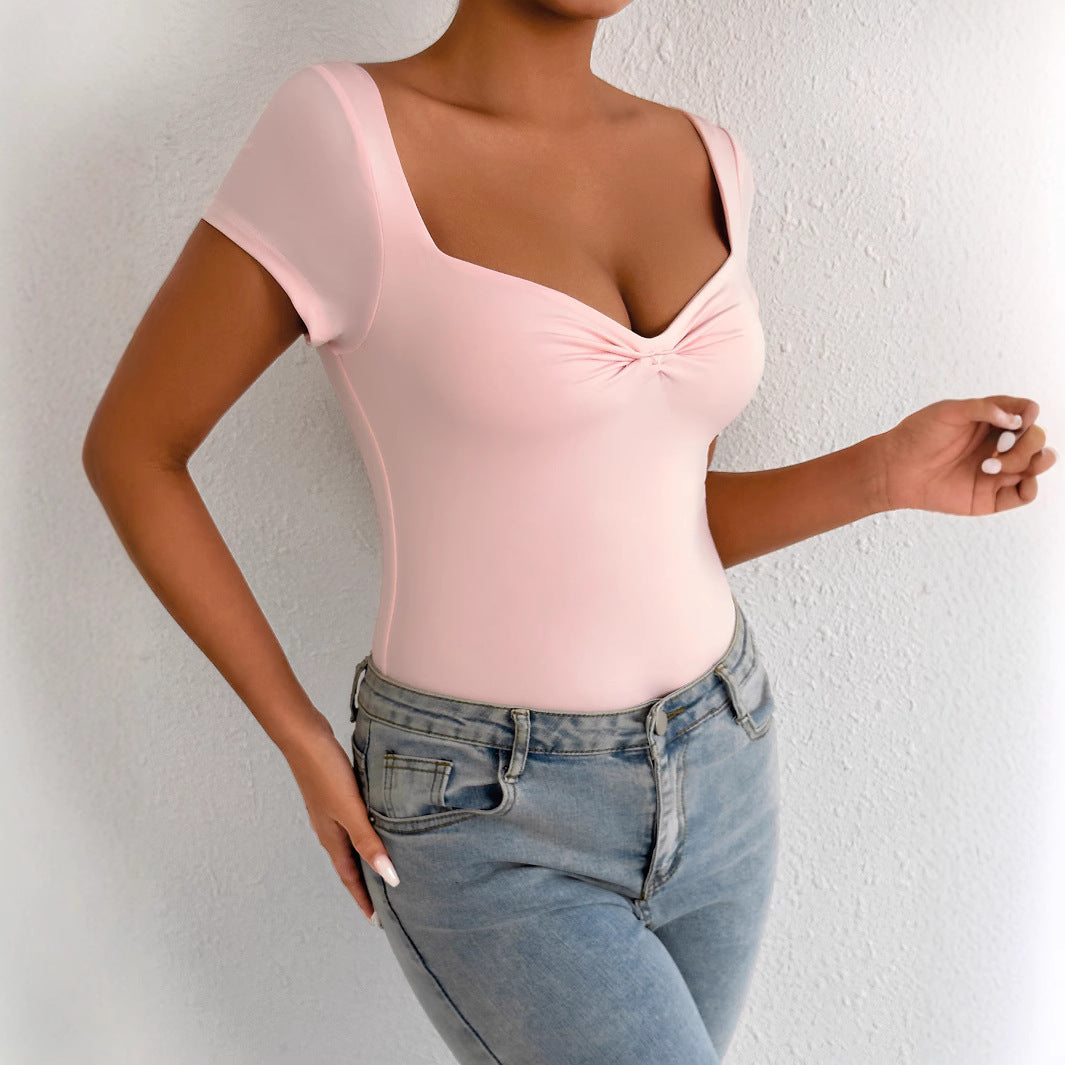 Sexy And Elegant Women V-neck Tight Jumpsuit Shorts Nightclub Party Style 2025 New Fashion Light Pink Low Neck Pleated Tops