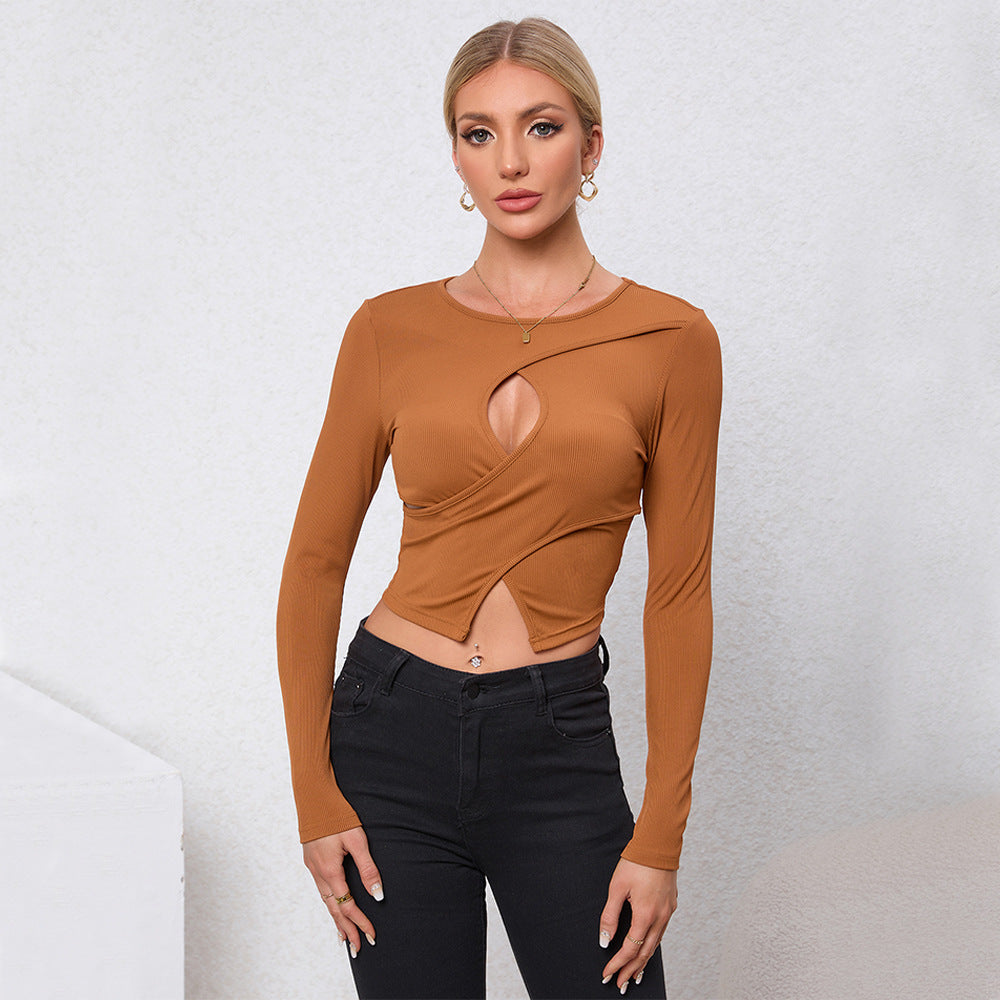 Women's Knitted Slim Fit Short Sleeve T-shirt round Neck Hollow out Design Autumn Winter Fashion Sexy Top Pure Color Base Layer