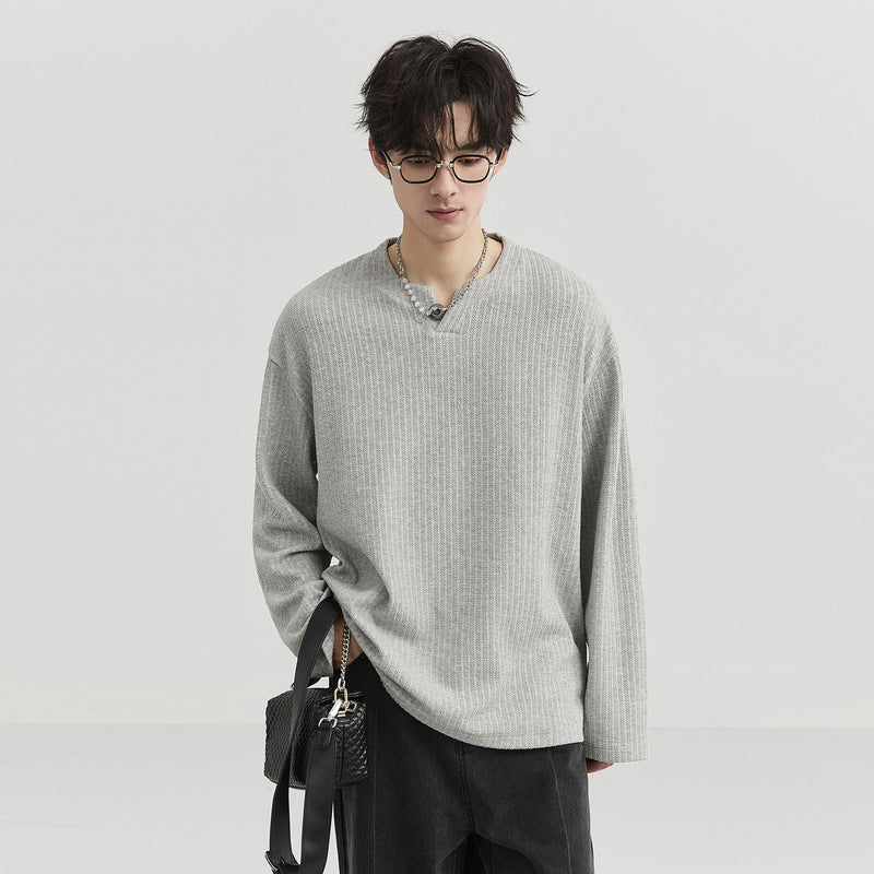 New Trendy Men's Minimalist and Versatile V-neck Pit Stripe Long Sleeved Elastic Solid Casual Loose Oversized T-shirt