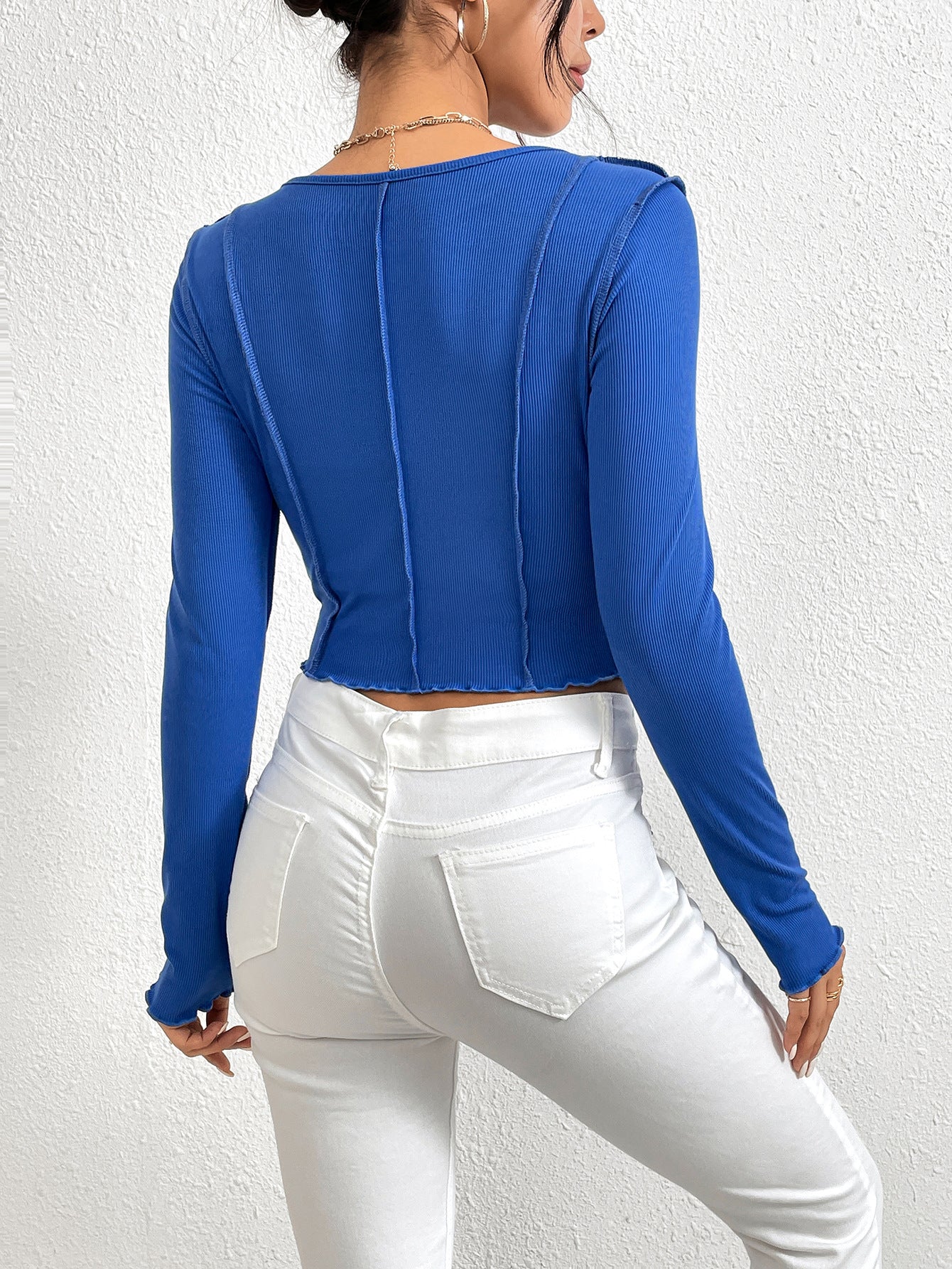 Women's New Slim Fit V-neck Irregular Stitching Exposed Knitted Long Sleeves