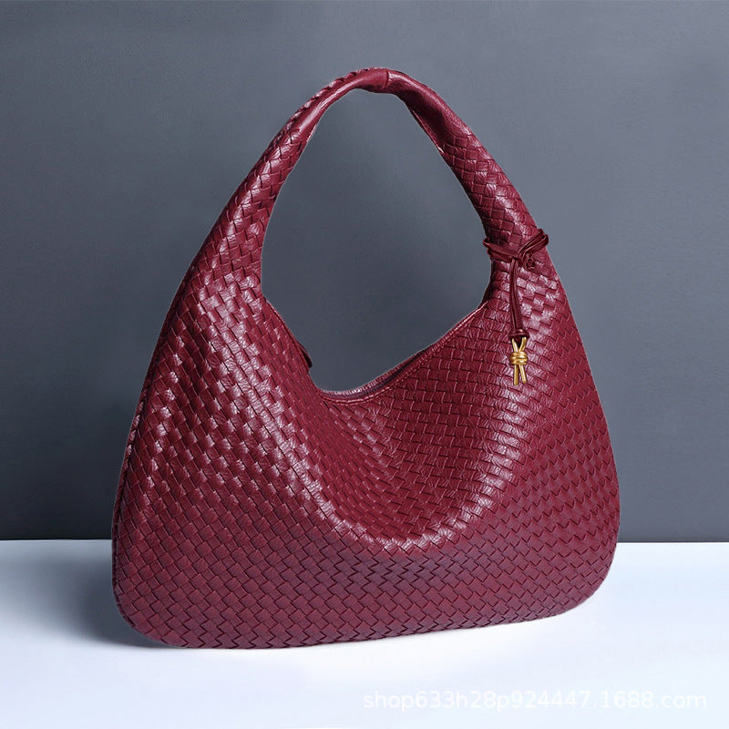 New Vegan Leather Hobo Bag Handmade Woven Casual Female Half Moon Handbag Big Capacity Patchwork Zipper Women Tote Shoulder Bags