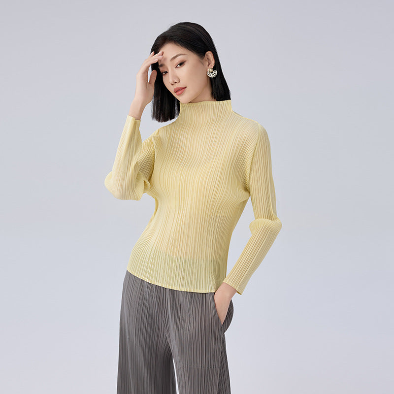 Woman Stand Collar Solid Color Loose Wild Full Sleeve Pullover Tops