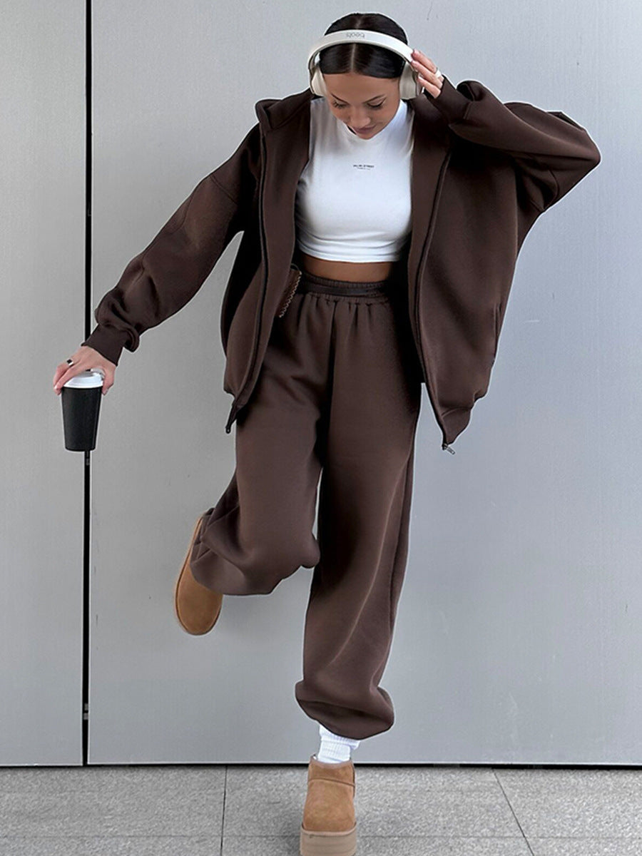 Womens Hooded Polar Fleece Cardigan Sweatshirt Suit Two Piece Suit