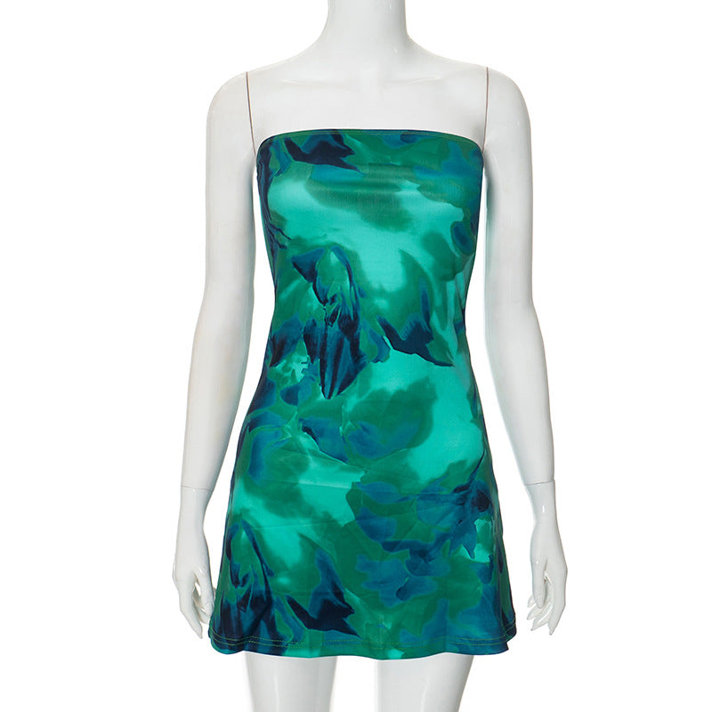Sexy Strapless Printed Floral Women Dress Blue Backless High Waist Mini Dress Summer Vacation Elegant Party Beachw