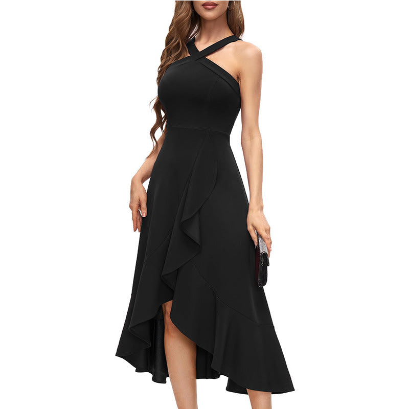 Party Dresses for Women Elegant Halterneck Sleeveless Sexy Evening Dress Solid Color Ruffle Design Long Dresses Vestidos Curtos
