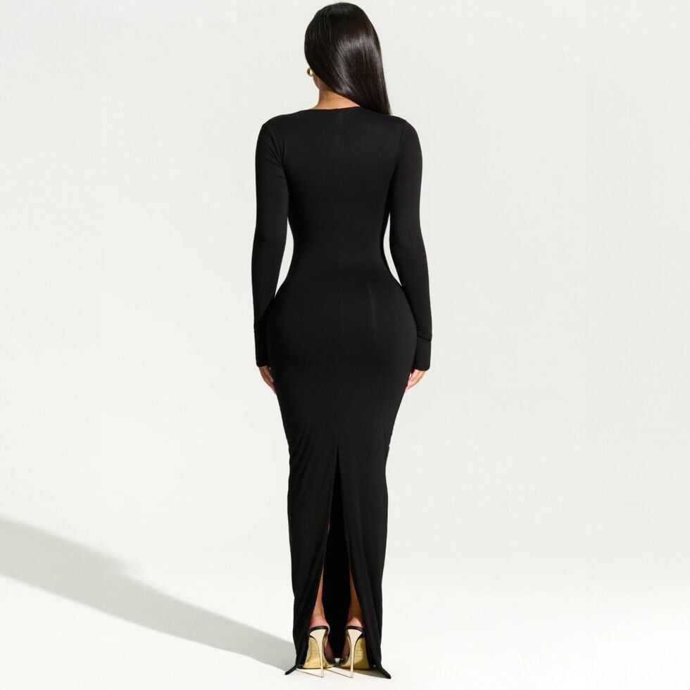 Sexy Bodycon Long Dress Women Autumn Winter Long Sleeve Solid Color Slim Black Dress Female Fashion Elegant Party Dresses Woman