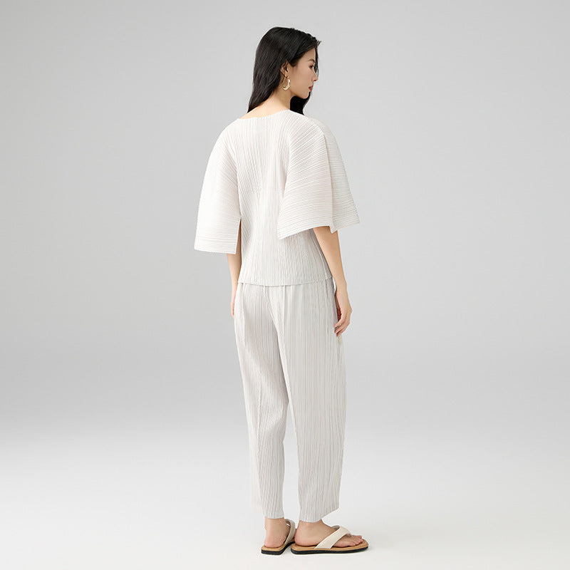 Women's Round Collar Profile Half Sleeve Zipper Tops And Folded spliced Pants Sets