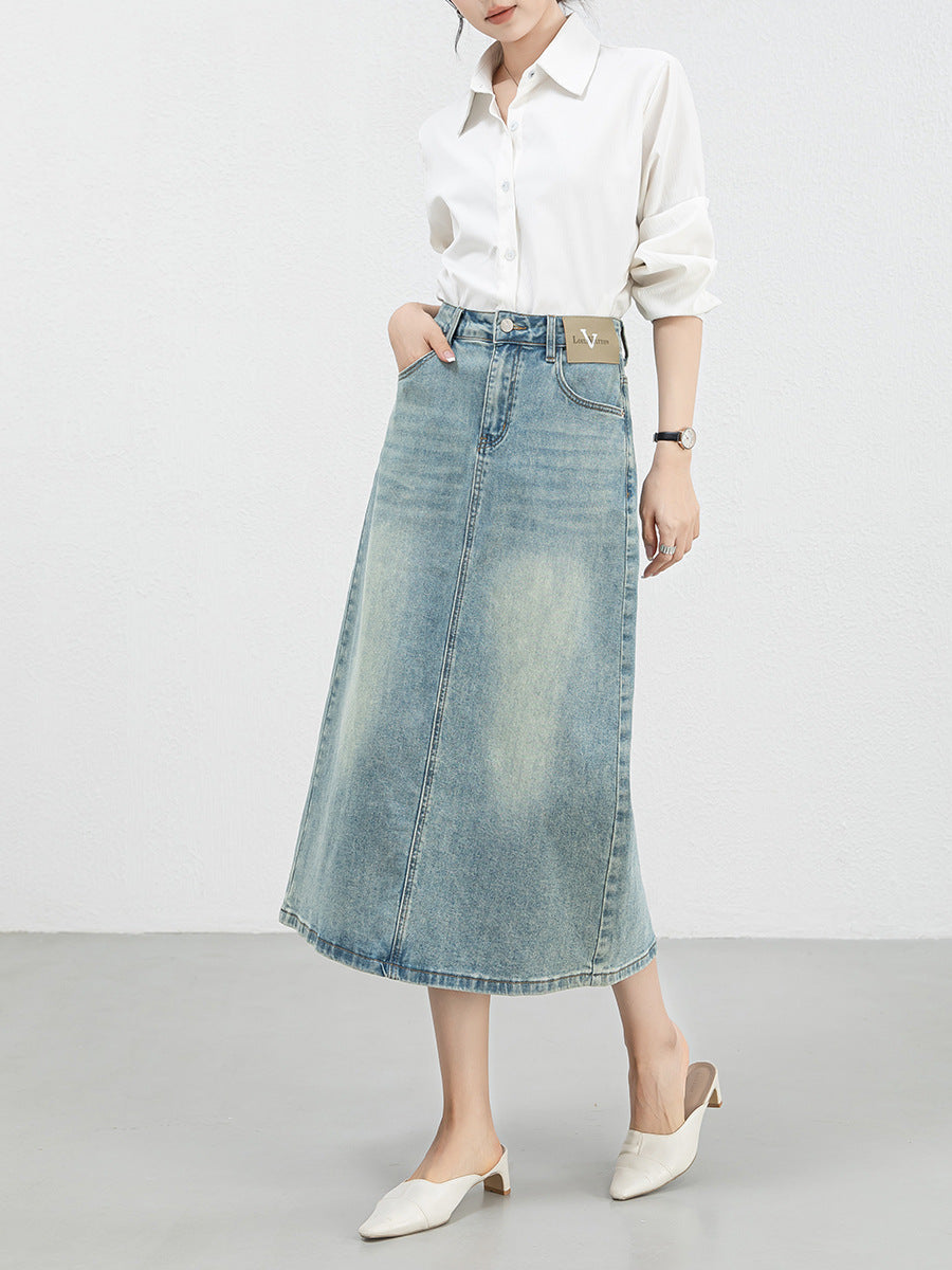 Retro High Waist Slim Straight Denim Skirt Mid-Length Slit Cotton Jeans Skirts