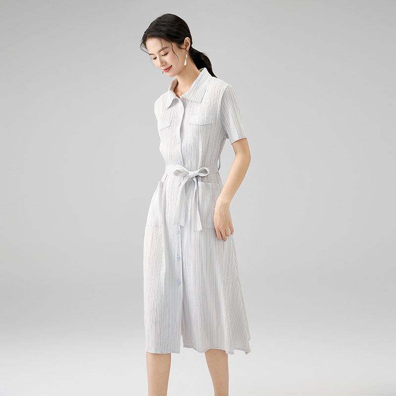 Summer New Folded Laple Short Sleeve Bandage Single Breasted Mid-calf Dresses
