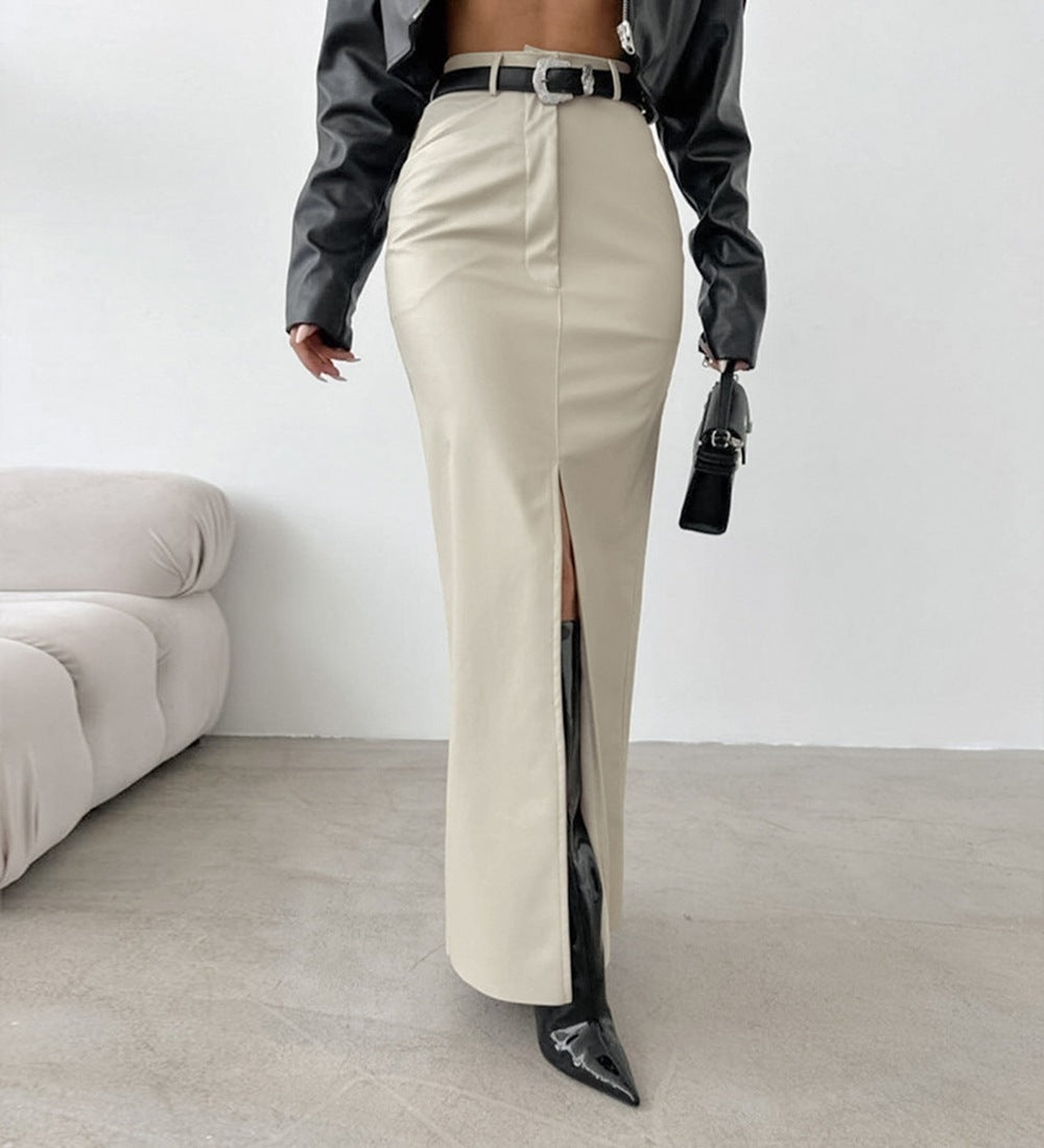 Fashionable PU Leather Solid Color Splicing Design Sense High Waist Slit Slim Fit Long Skirt