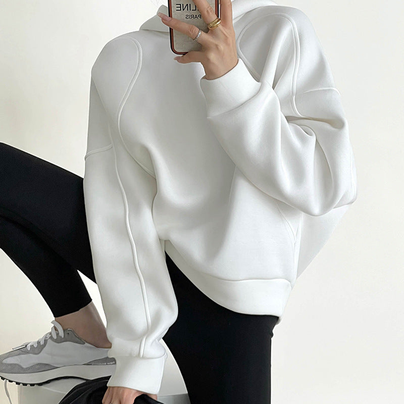 Line Design Women Hoodies Autumn Streetwear Batwing Sleeve Loose Solid Color Sweatshirts Pullovers Fashion Tops