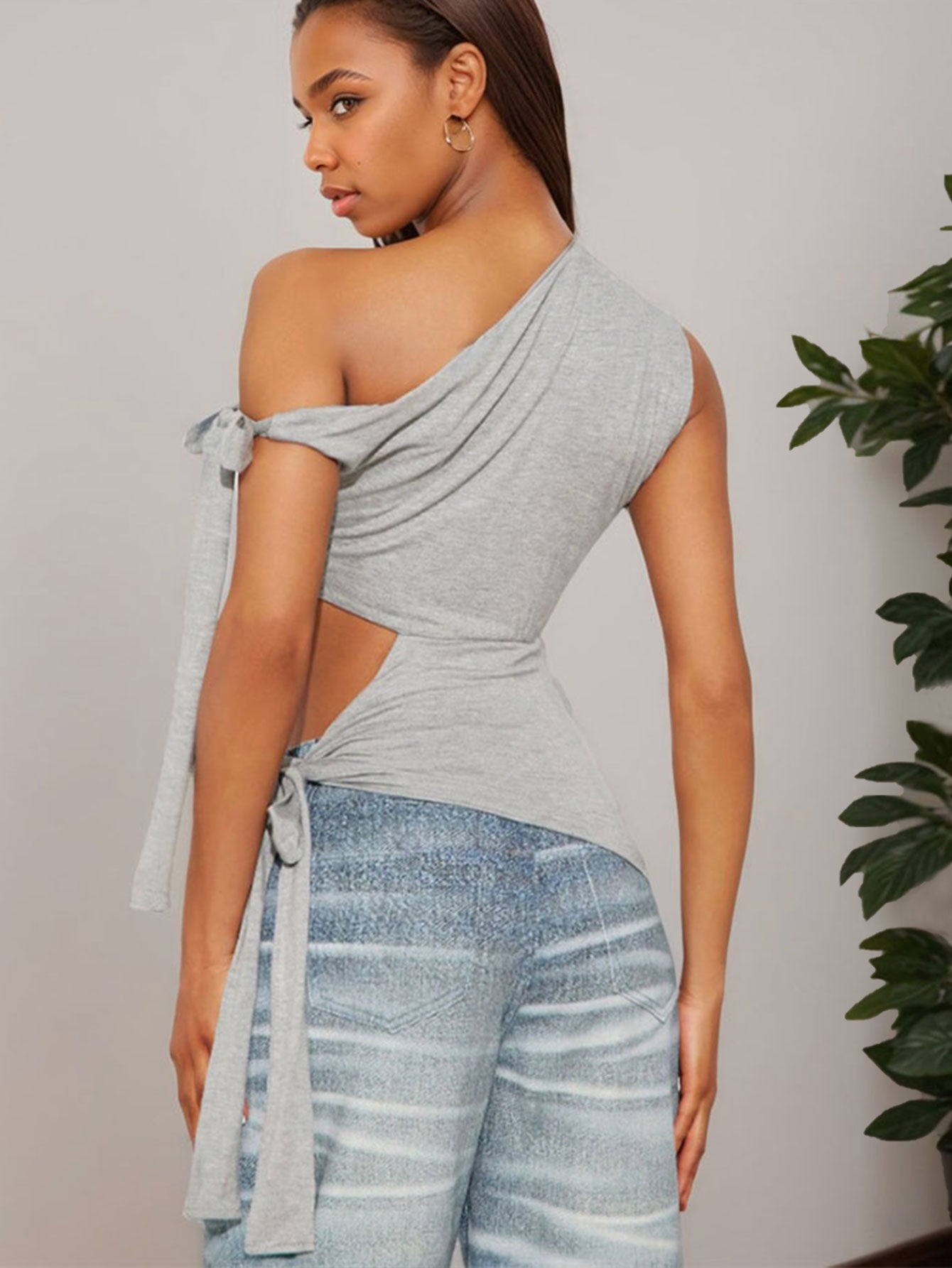 Women's Diagonal Collar Sleeveless Irregular Crop Vest Tops, Lace-Up Decoration, Sexy