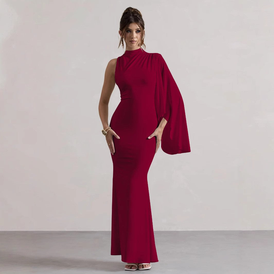Women's Fashion Long Sleeve Slim Fit Round Neck Bodycon Skirt Single Shoulder Patchwork Dress Sexy Smooths Your Silh