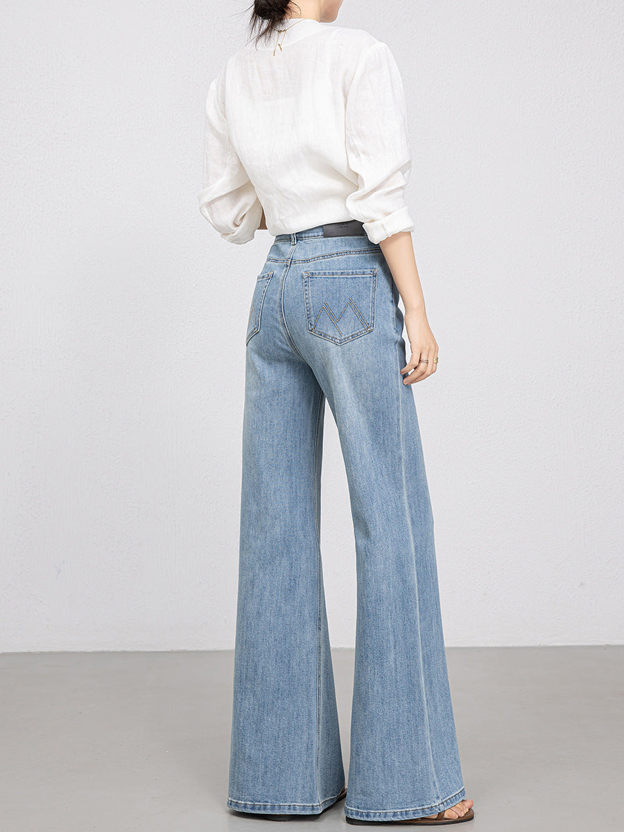 Women High Waist Wide Leg Denim Pants Solid Color Blue Baggy Jeans