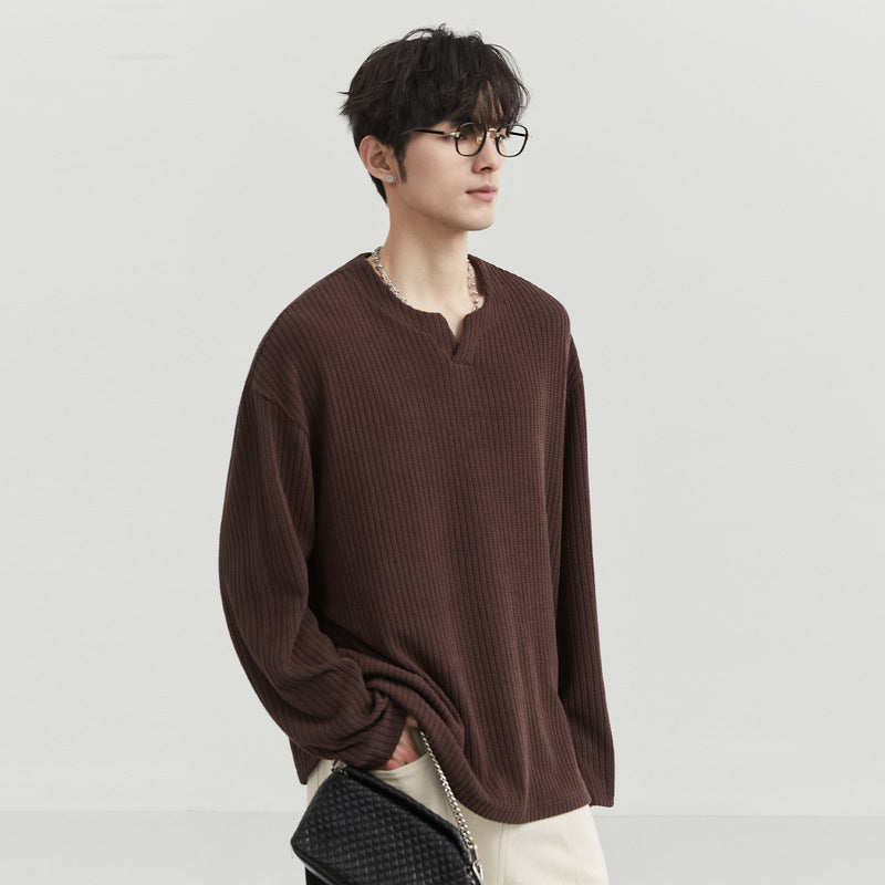 New Trendy Men's Minimalist and Versatile V-neck Pit Stripe Long Sleeved Elastic Solid Casual Loose Oversized T-shirt