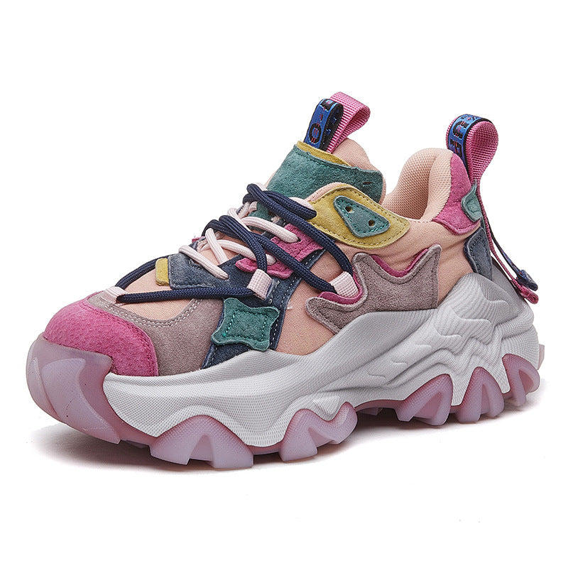 6CM Fashion Mixed Color Lace Up Shallow Ethnic Platform Wedge Vulcanize Women Suede Genuine Leather Luxury Shoes Chunky Sneakers