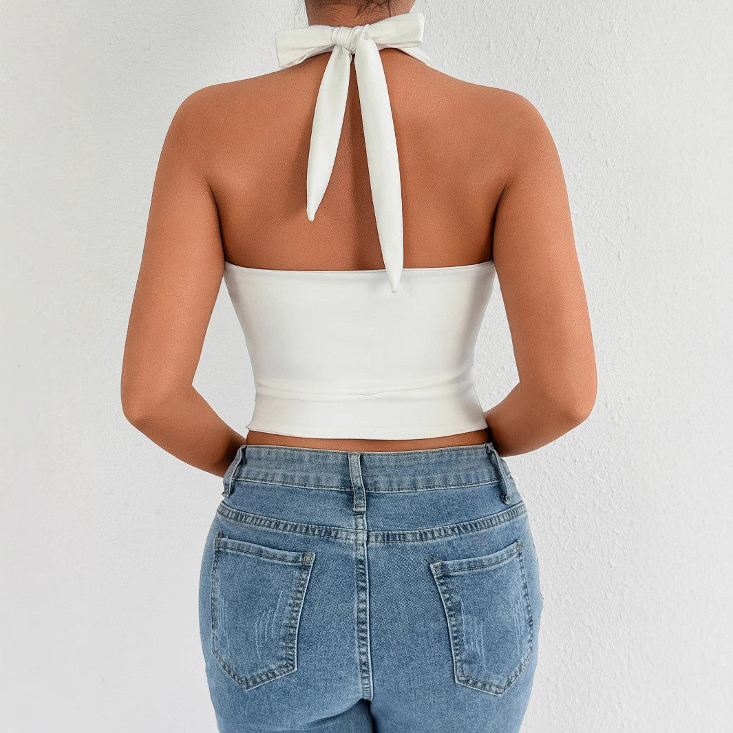 Female Sexy Backless Halter Top Nightclub Street Style White Fashionable Deep V-Neck Slim Fit Top For Spring And Summer