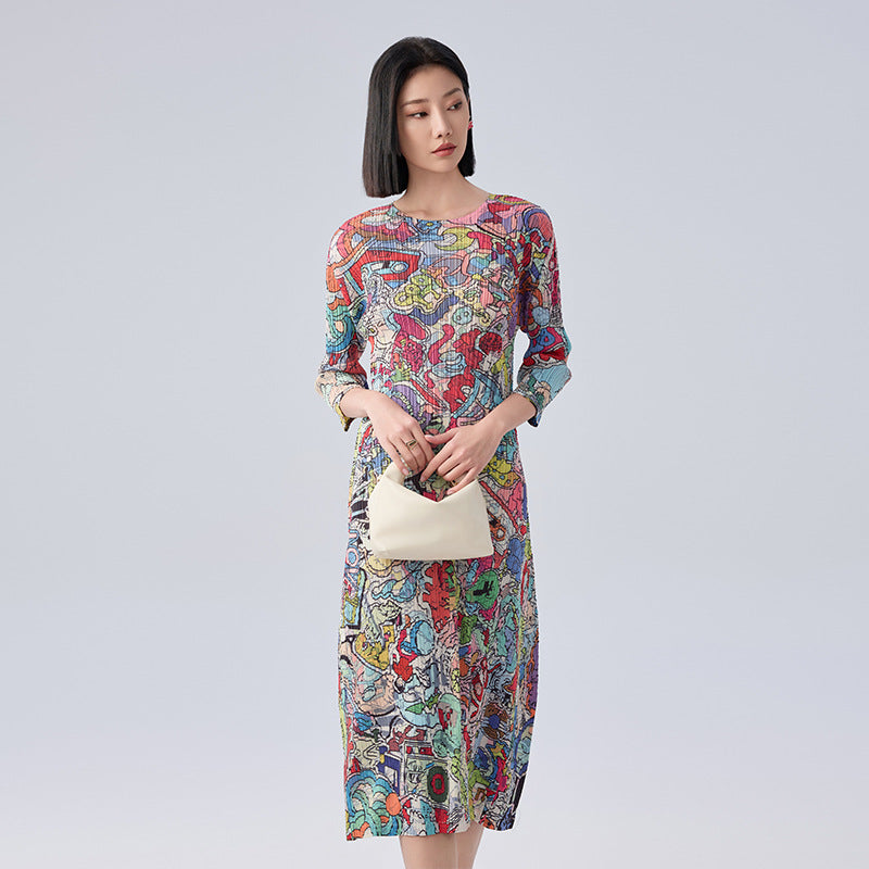 Print Pleated Skirt/Holiday Party Temperament Loose Bat S Sleeve Dress