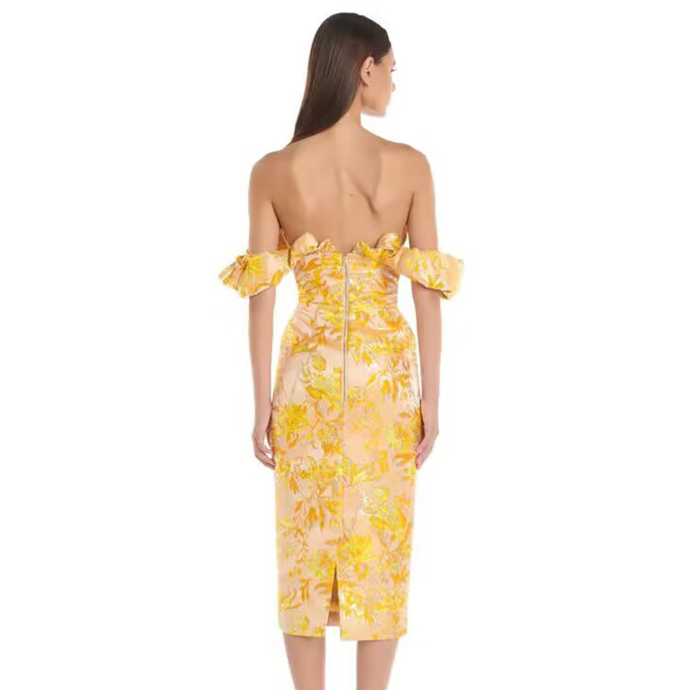 French Design Sensual One-Shoulder Waist-Cinched Elegantly Yellow Embroidered Dress for Ladies' Party And Wedding