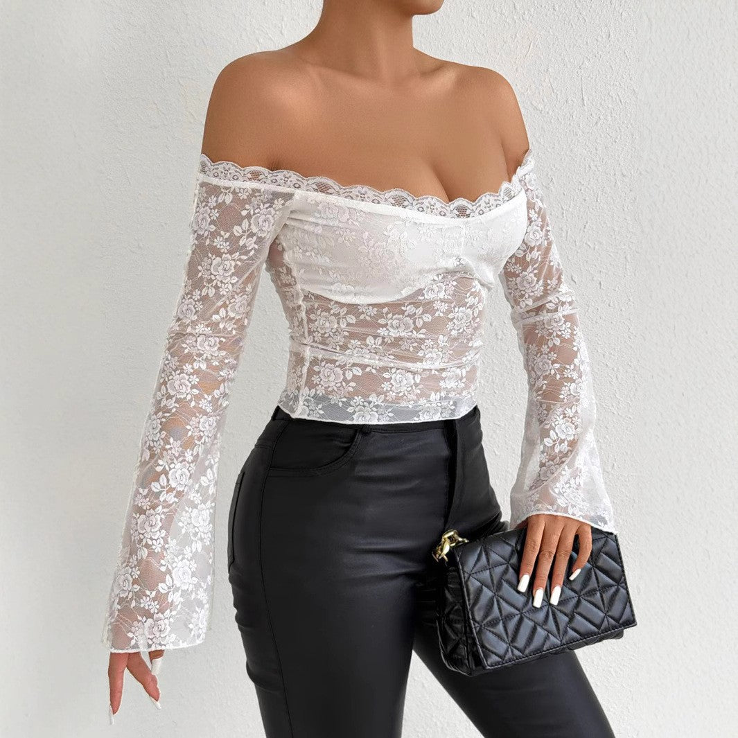 Women's Sexy Shoulderless Lace Low Neck Dress Nightclub Street Style White Fashionable Slim Fit Trumpet Sleeve Top Summer