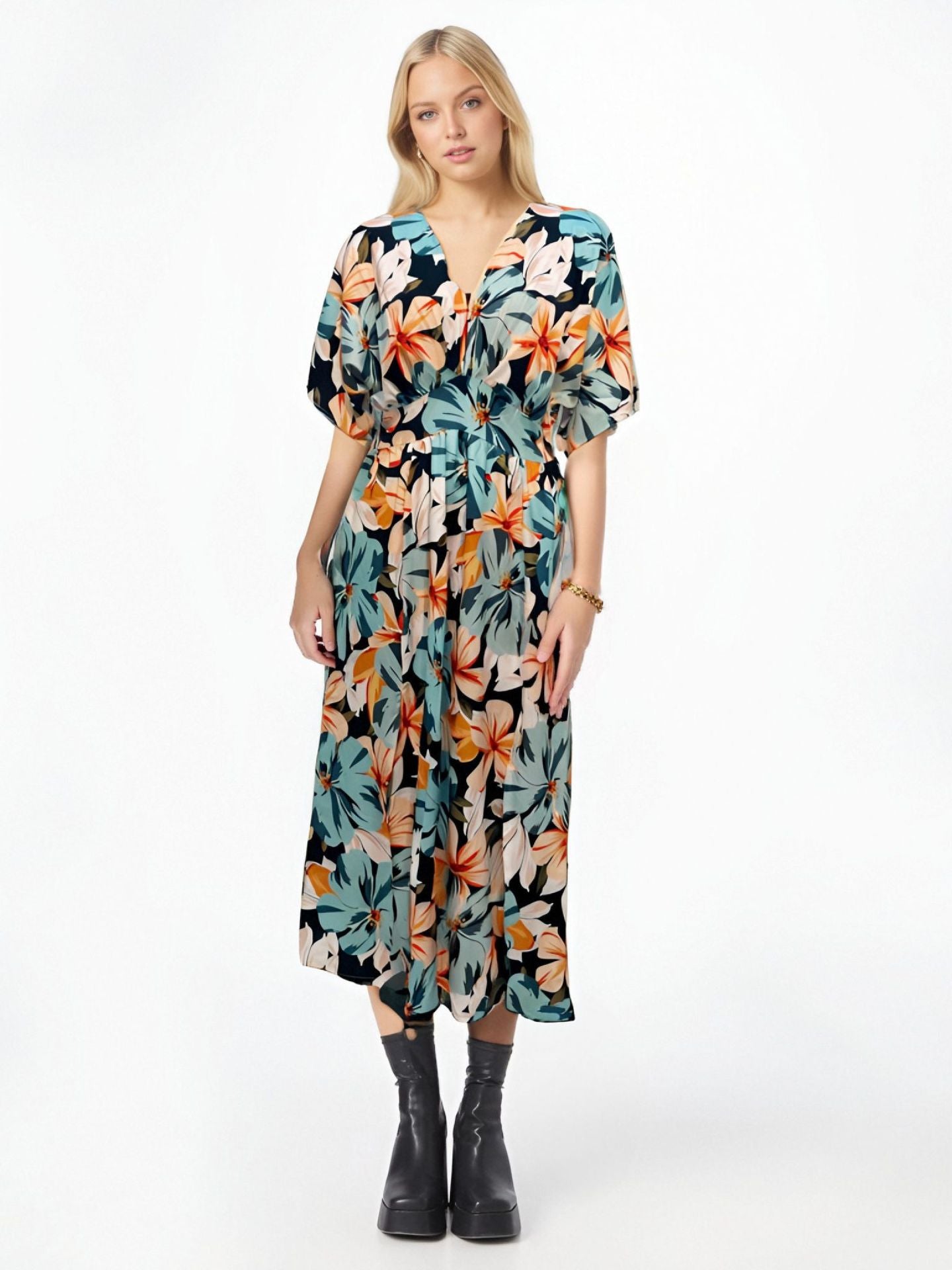 Elegant Spring Women's Dress Casual Fashion Floral Print Short Sleeve Super Long Dress New Fashion Hollow Out Long Dresses