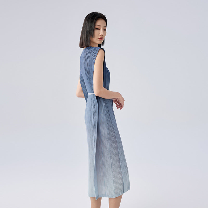 Summer New Gradient Color Simple Wind Slim and Thin Lace-up Medium-length Dress Female