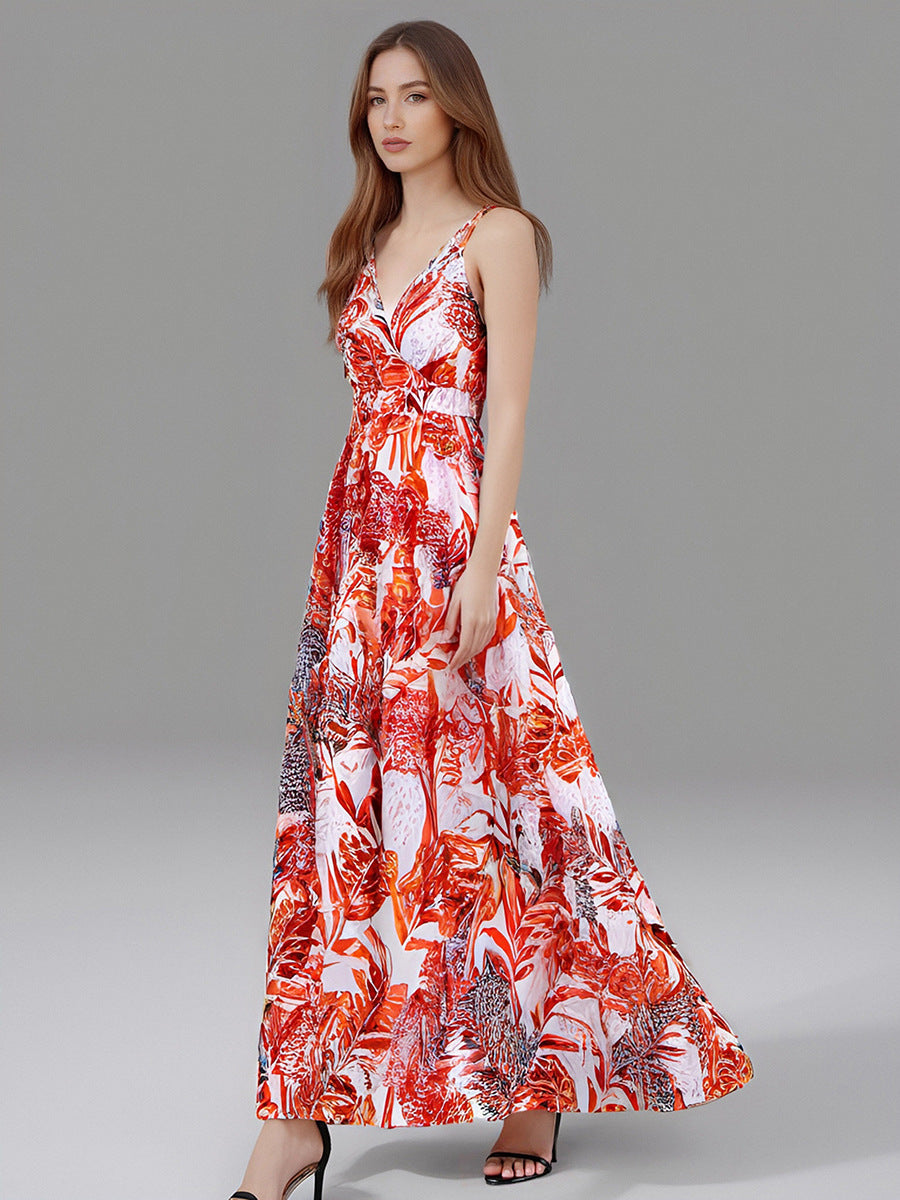 Women's All Season Suitable Halter Backless Dress Women's Superior Design Random Printed V-Neck Split Long Dresses