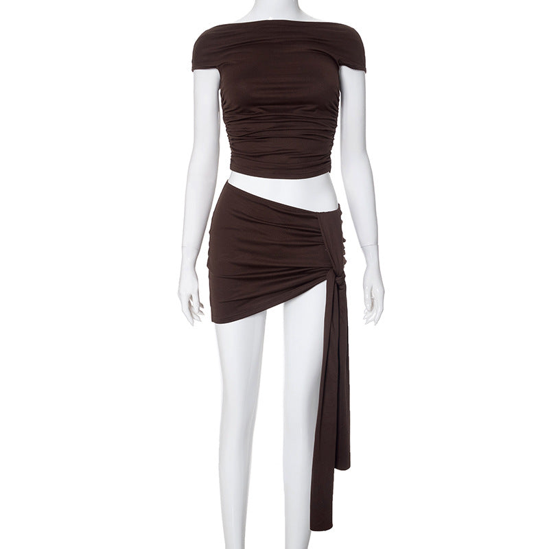 Solid Color Pleated Backless Sexy Twopiece Set Off Shoulder Mini Shkirt Women Set Elegant Evening Party 2 Pieces