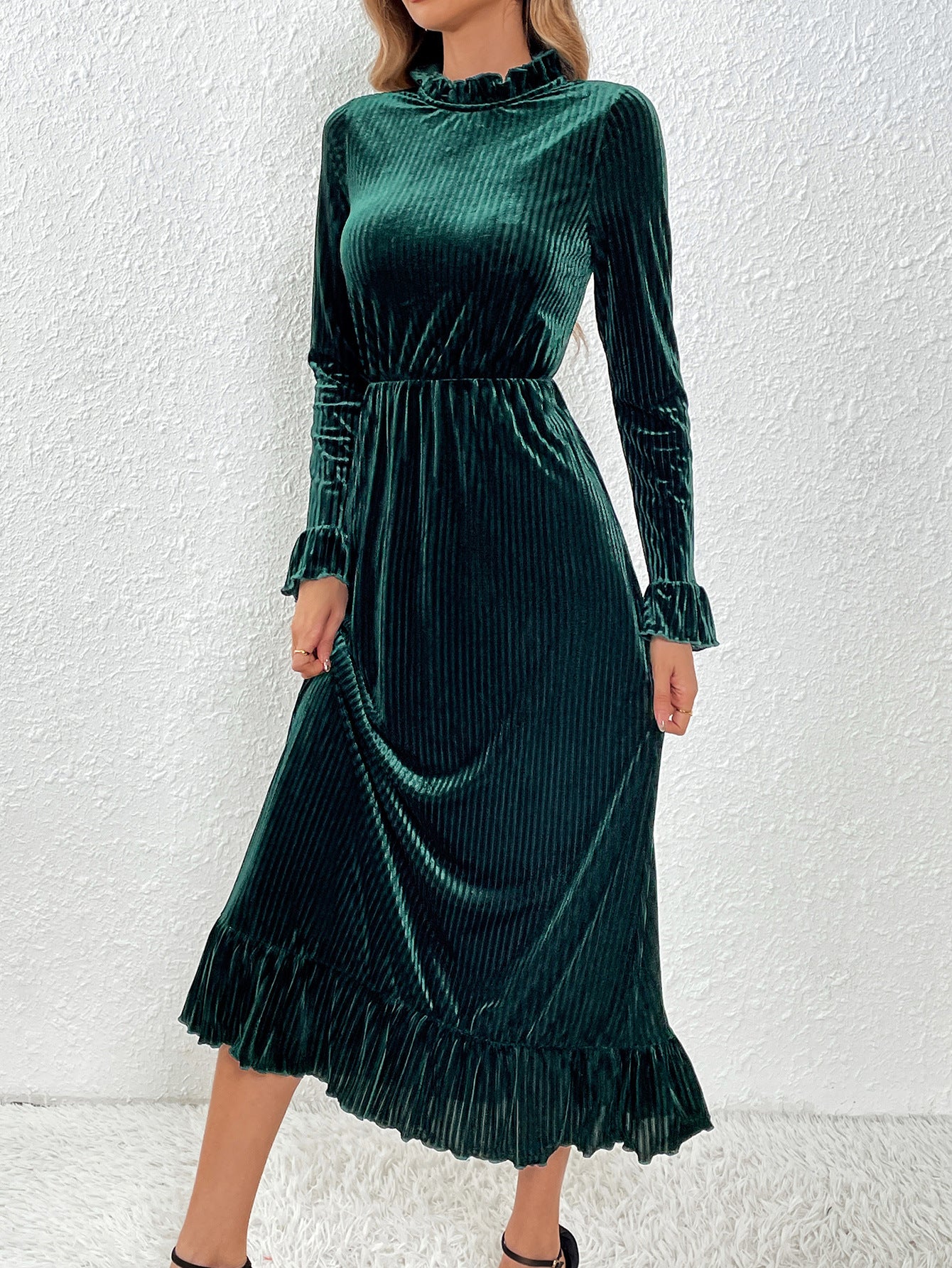 Women's Spring New Half-Polo/Turtle Neck High-Waisted Slimming Dress Bundled Sleeve Long Gown European and American Style