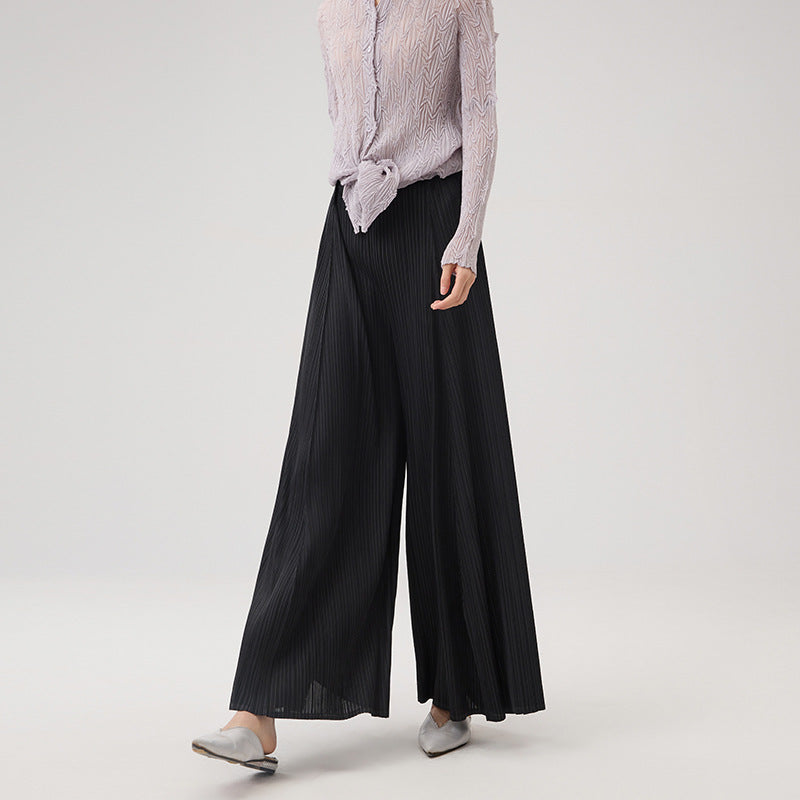 Casual Women's Simple Trousers Fashion Design Pleated Flared Pants Pure Colour Elastic Waist Loose Peplum
