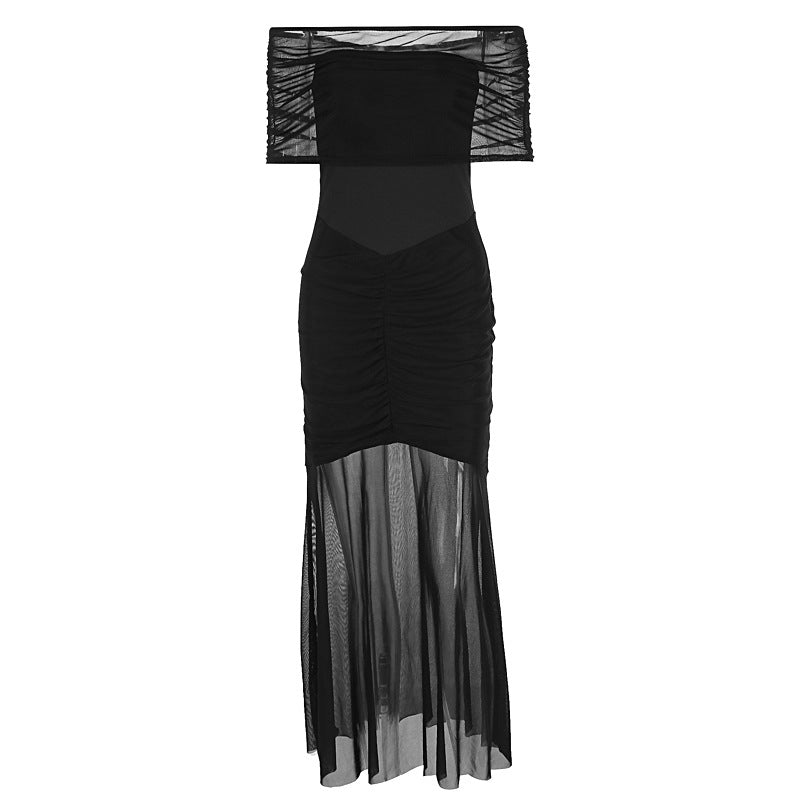 Strapless Mesh Splice Backless Dress For Women Sleeveless Bodycon Ruched Dress Solid Fashion High Waist Removable Clothes