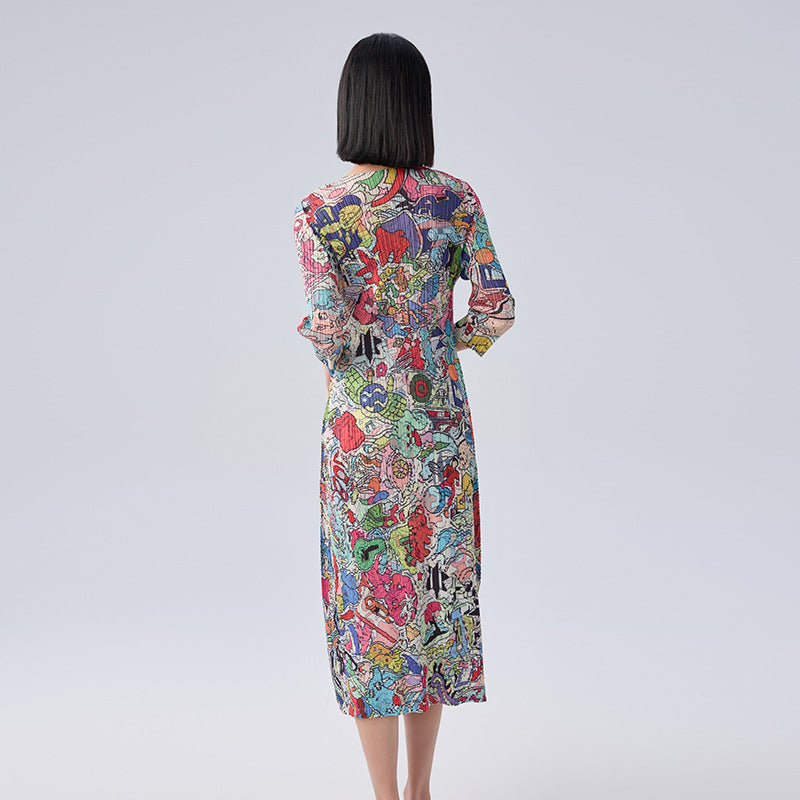 Print Pleated Skirt/Holiday Party Temperament Loose Bat S Sleeve Dress