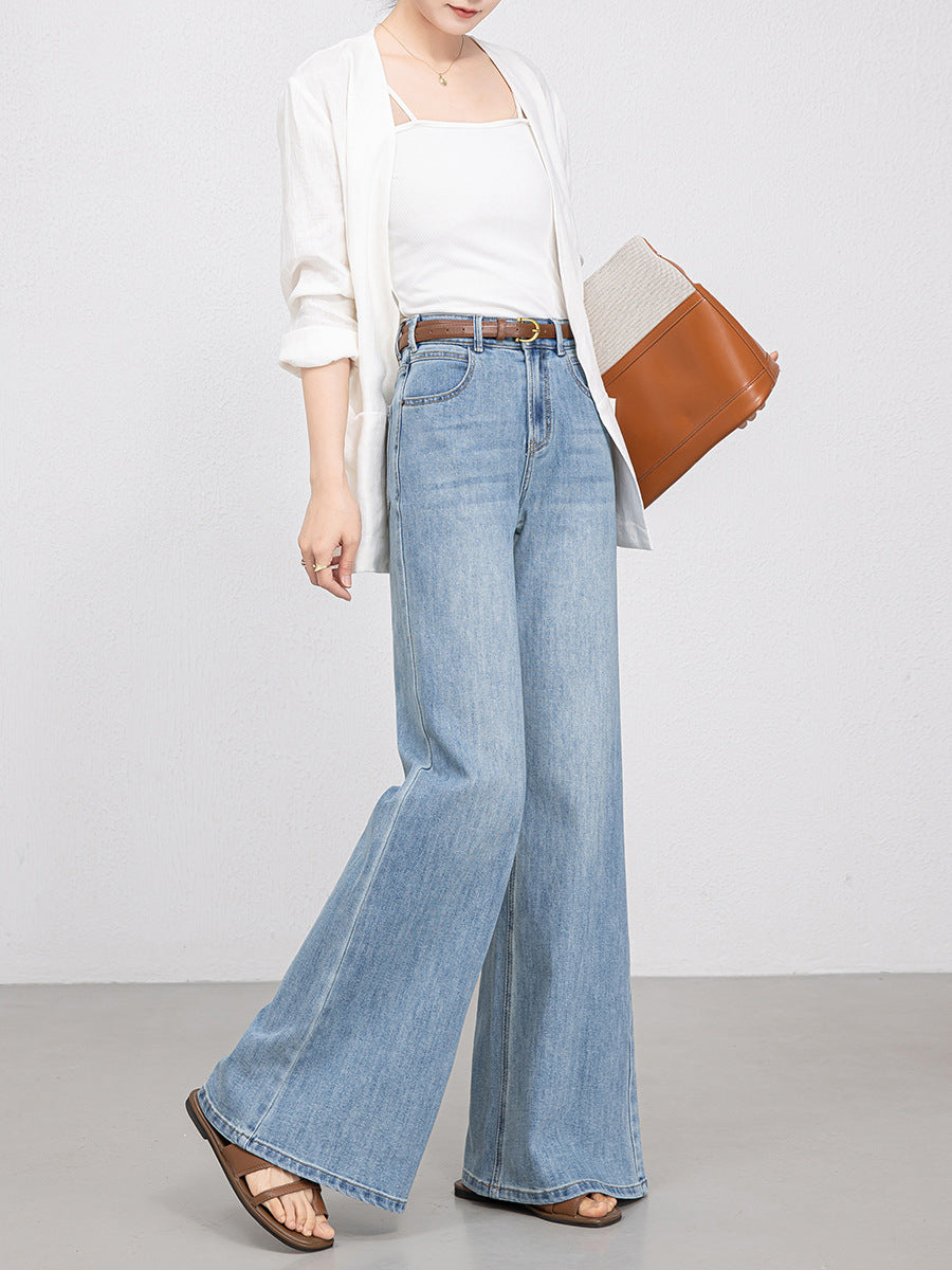 Women High Waist Wide Leg Denim Pants Solid Color Blue Baggy Jeans