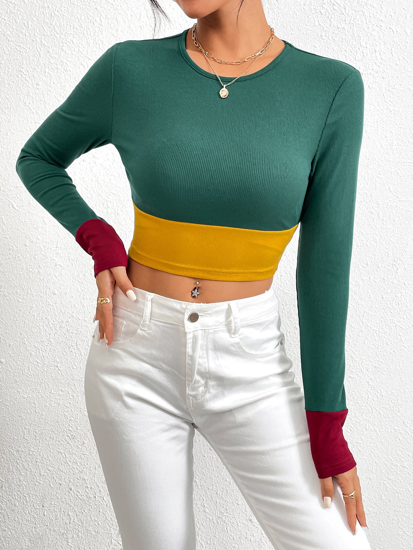 Autumn Winter T-Shirt Belly Button Baring Long Sleeve round Neck Base Layer Shirt Short Sleeve Top Women's Fashion Casual Wear