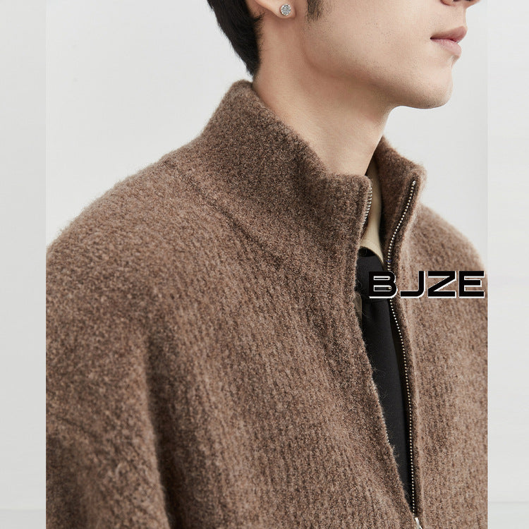 Men's Cardigan Stand Collar Solid Color Casual Tops Knitting Zipper Loose Male Sweaters Autumn Menswear