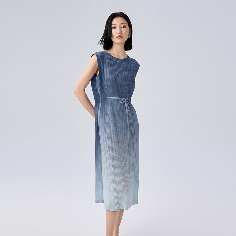 Summer New Gradient Color Simple Wind Slim and Thin Lace-up Medium-length Dress Female