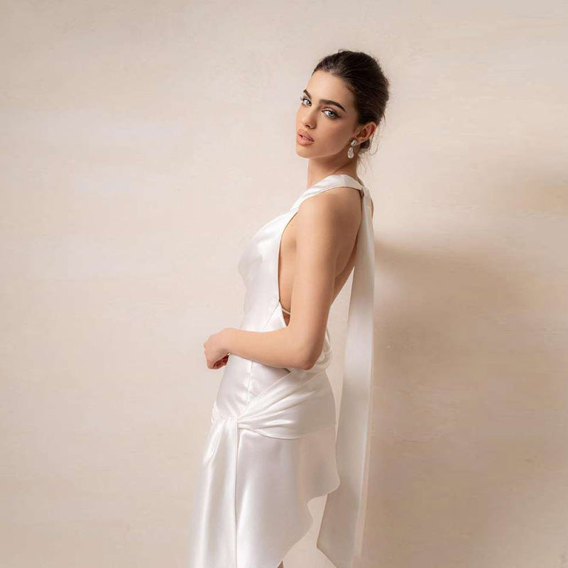 Halterneck Backless Satin Irregular Mini Dress with Floral Embellishments Sleeveless Draped V-neck Dress