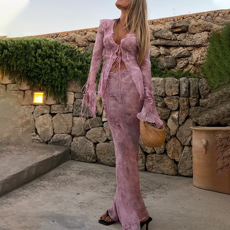 Chiffon Elegant V Neck Printed Beach Cardigan Shirt Long Maxi Skirt Women Two Piece Set Bandage Ruffles Y2K Green 2024