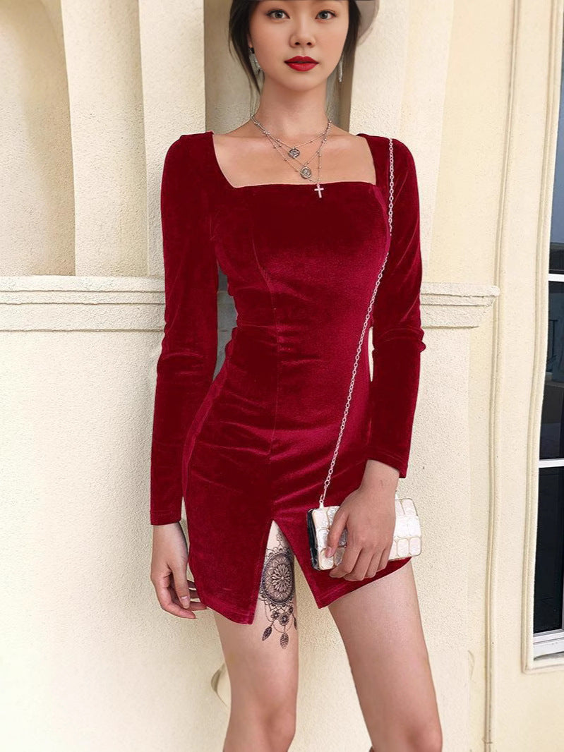 Elegant Ladies Puff Sleeve Dresses Autumn Winter New Slim Long Sleeves Square Neck Off Shoulder Cocktail Dresses For Women