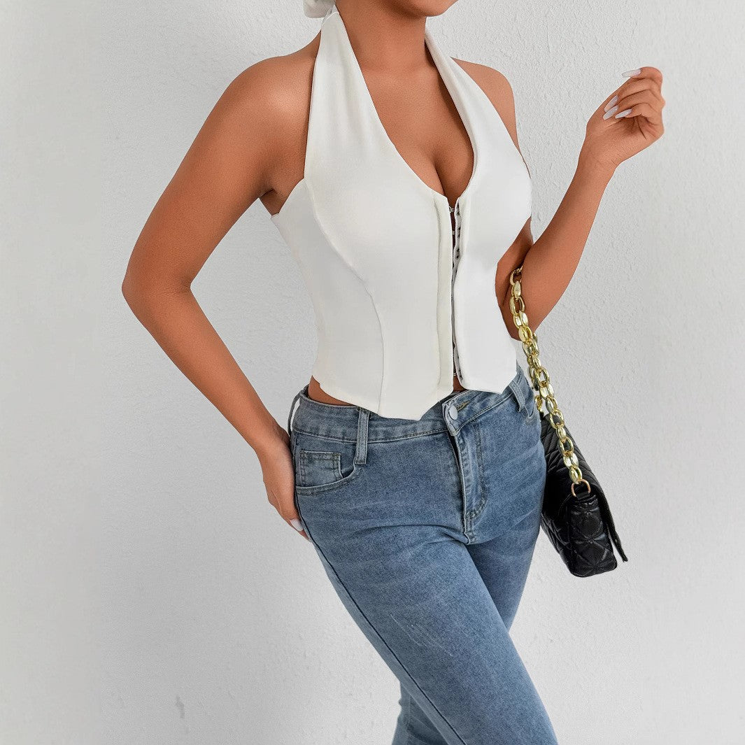 Female Sexy Backless Halter Top Nightclub Street Style White Fashionable Deep V-Neck Slim Fit Top For Spring And Summer