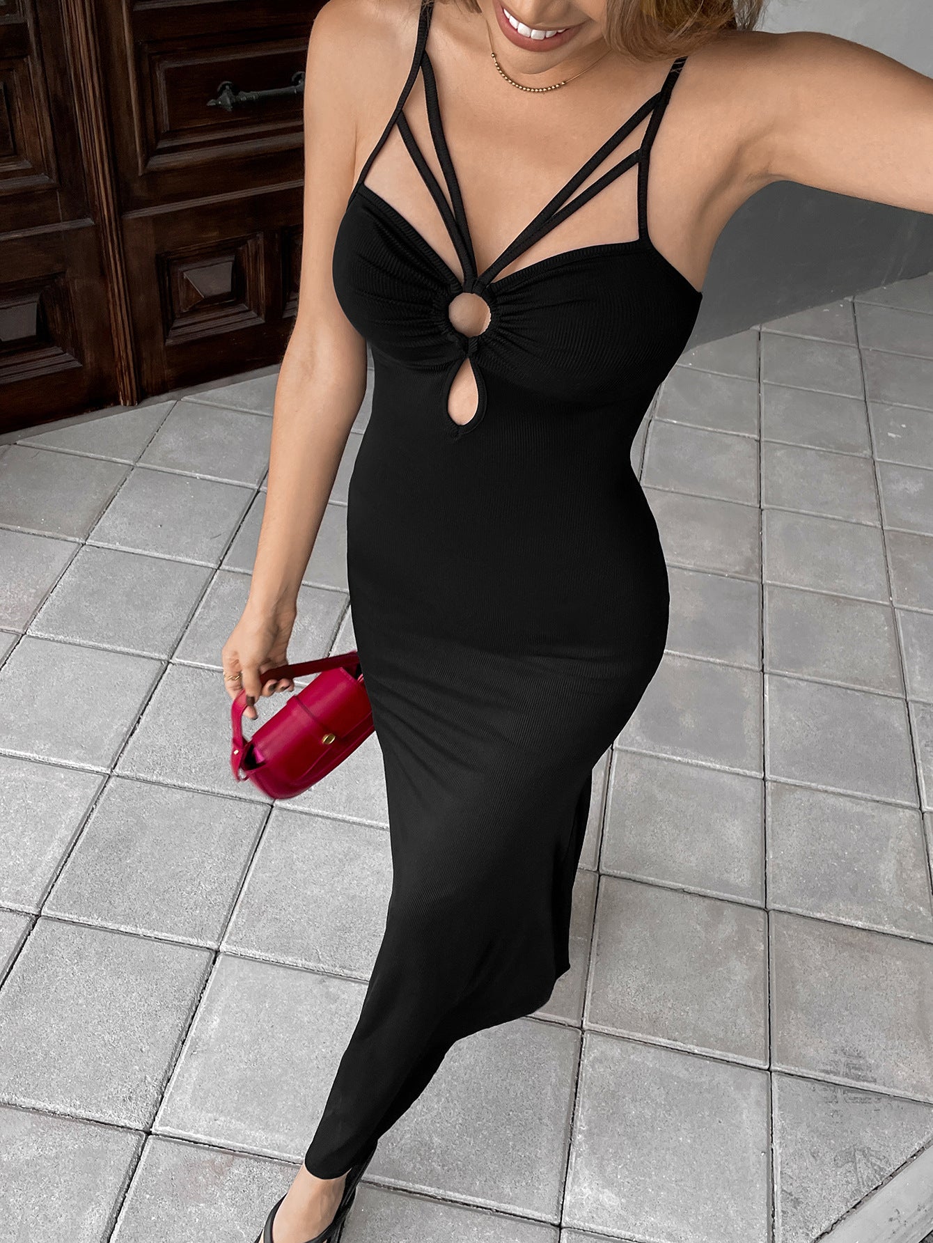 Women's Halter V-Neck Sleeveless Hollow Out A-Line Long Dress, Backless, High Waist, Solid Color