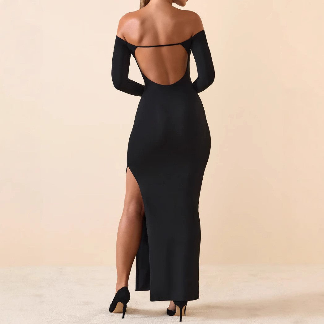 Sexy One Shoulder Chest Hollow Out Shoulder Long Sleeved New Style with Side Slit Hip Hugging Jumpsuit Long Skirt