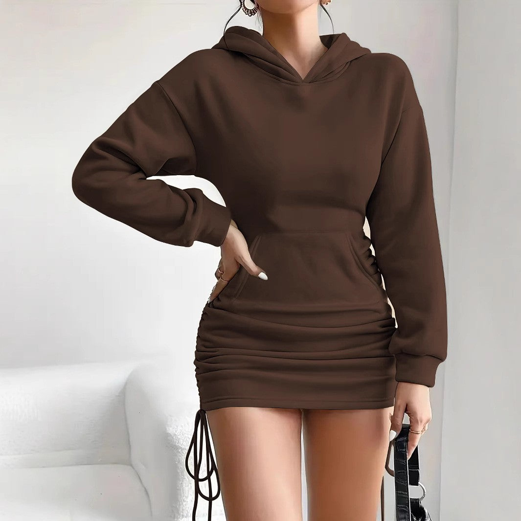 Women's Fashionable Hooded Long Sleeved Dress With Plush Thick Drawstring 2024 Slim Fit Pullover Women's Casual New Style