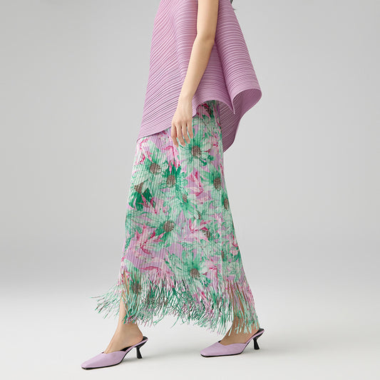 Summer Fashion Temperament Printed Pleated Skirt Mid Length Straight Wrapped Tassel Spliced A-line Skirts
