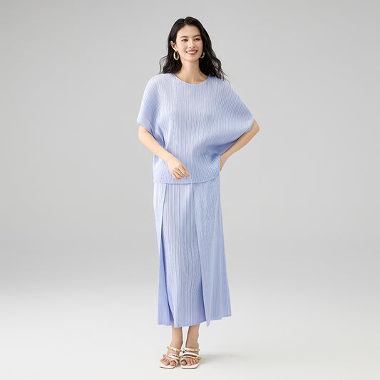 Woemn's Clthes Bat Half Sleeve O-neck Pullover Tops And Elastic High Waist Folded Design A-line Skirts